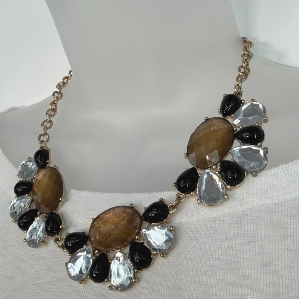 Gold Tone Statement Chunky Bib Necklace‎ Amber Black Clear Faceted Stones 103-08